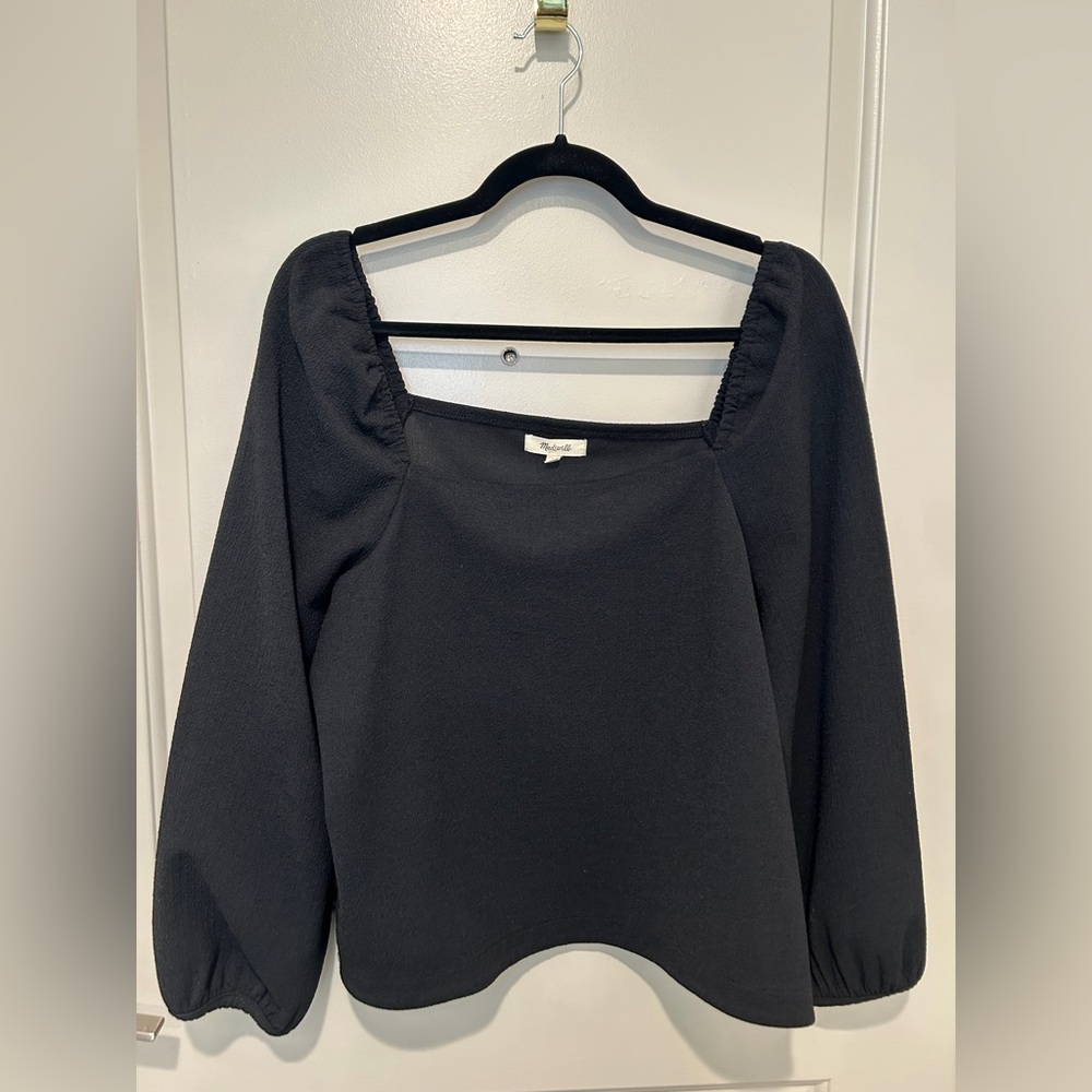 Madewell Black Square-Neck Long Sleeve Top with Subtle Puff Shoulders
